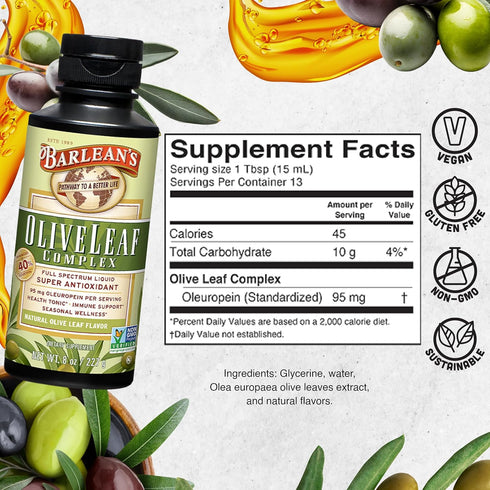 Barlean's Olive Leaf Complex Liquid Immune Support Supplement with 95mg Oleuropein Antioxidants for Seasonal Wellness, Heart Health, & Immune Syst...