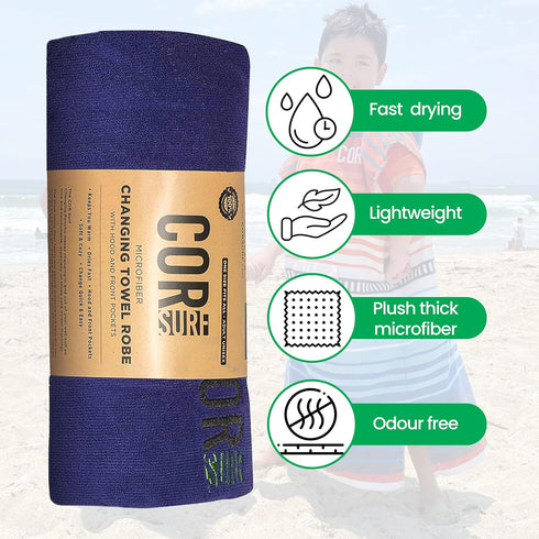 COR Surf Poncho Changing Towel Robe with Hood and Front Pocket for Kids, Doubles Up As Beach Towel and Blanket, Made of Quick Dry Microfiber, Fits...