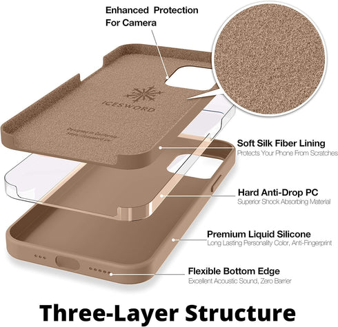 IceSword iPhone 12 Case and iPhone 12 Pro Case 6.1” (2020), Liquid Silicone Case Cover, Soft Microfiber Cloth, Matte Light Brown Beige Warm Tan,Ge...