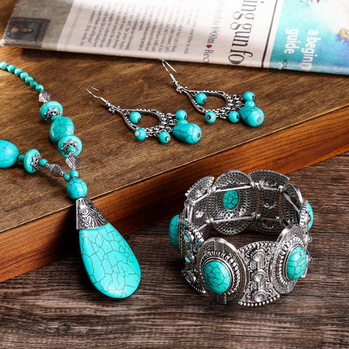 3 Pieces Bohemian Turquoise Jewelry Set Women Western Jewelry Set Turquoise Pendant Necklace, Vintage Turquoise Dangle Earrings, Stretchable Turqu...
