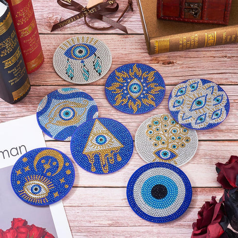 8Pcs Evil Eye Diamond Painting Coaster 5D Diamond Cup Mat with Holder Cork Pad Rhinestone Non Slip Drink Table Coaster for Beginners Adults DIY Pa...