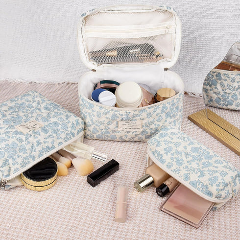 Makeup Bag Set, Quilted Makeup Bag, Large Floral Cosmetic Bag for Women, Cute Cotton Makeup Bag, Flower Travel Toiletry Organizer Bag (Folk Style)...