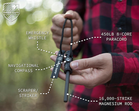 Swiss Safe 5-in-1 Fire Starter with Compass, Paracord and Whistle (2-Pack) for Emergency Survival Kits, Camping, Hiking, All-Weather Magnesium Fer...