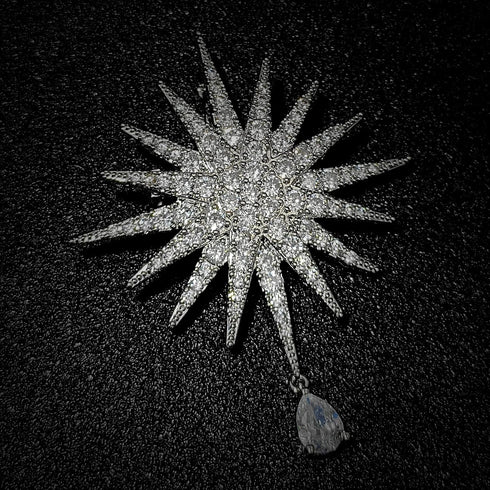 Bling Stylish Silver Tone Full Micro Pave Clear CZ Starburst Pin Brooch with Drop Moravian Lapel Corsage Accessory...