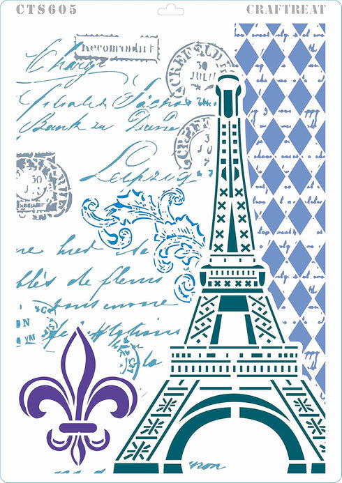 CrafTreat Stencils for Painting on Wood, Canvas and Fabric - Clock and Key & Eiffel Tower Script - 2 Pcs - Size: A4 (8.3 x 11.7 Inch) Each - Reusa...