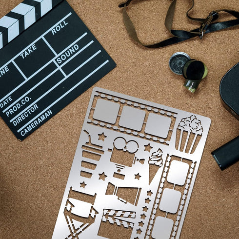 BENECREAT Movie Projector Pattern Stainless Steel Stencils, 5.5x7.5inch Movie Tape Popcorn Ice Cream Pattern Painting Template Journal Tool for Wo...