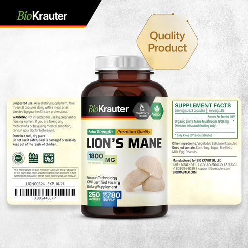 Lions Mane Supplement Capsules - Vegan, Organic Lion’s Mane Mushroom Supplement for Cognitive Function, Focus Support - Lions Mane Pills - 3 Month...