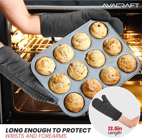 AVACRAFT Oven Mitts Pair, Flexible, 100% Cotton with Unique Heat Resistant Food Grade Silicone, Thick Terry Cloth Interior, 500 F Heat Resistant (...