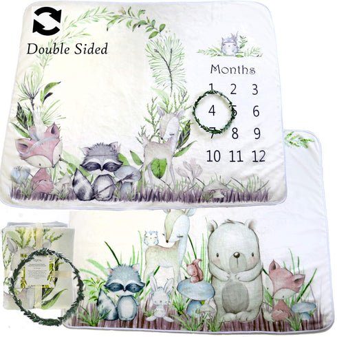 Woodland Friends Double Sided Baby Milestone Monthly Blanket, Forest Photo Prop Boy & Girl, Large Soft 310 GSM Fleece Blanket for Animal Nursery a...