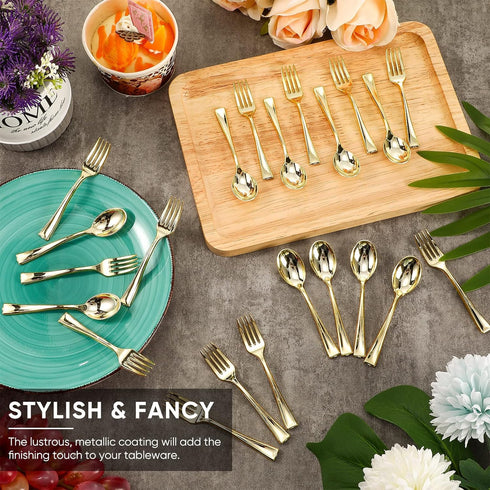 Gold Plastic Silverware Set, Plastic Gold Cutlery Utensils 4 Inch Tasting Gold Mini Forks and Spoons for Ice Cream Sample Desserts Sampling Puddin...