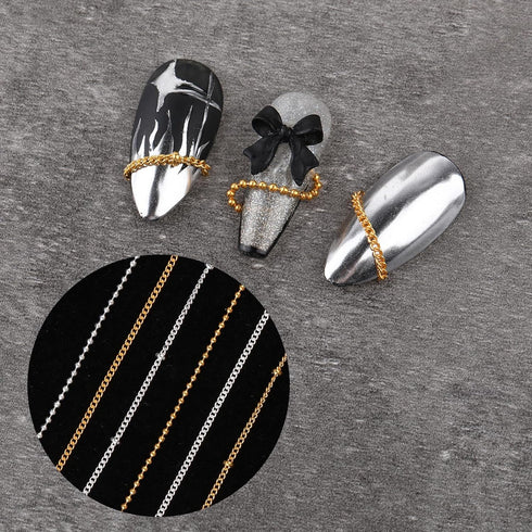 6 Strips Chain Nail Charms,Gold Nail Chains 3D Nail Art Charms Silver Chain Accessories Supplies,Metal Punk Nail Caviar Beads for Nails,DIY Women ...