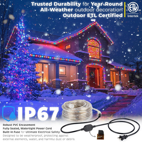 WYZworks 1116LEDs 100ft LED Outside Rope Lights, Outdoor ETL Certified Waterproof Permanent 360 Degree Light Emitting, Flexible Tube, Connectable,...