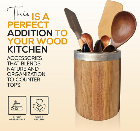 Wooden Utensil Holder - Acacia Wood Utensil Holder - Wooden Spoon Holder - Utensil Holder Wood - Wooden Utensil Holder for Countertop - Wooden Kit...