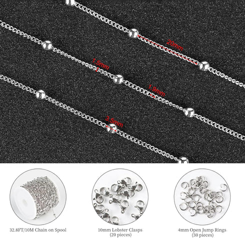 KYUNHOO 32.8 Feet/10M Silver Satellite Bead Chain 304 Stainless Steel Chain for Jewelry Making Women Necklace Chain Bulk DIY Crafts Jewelry Suppli...