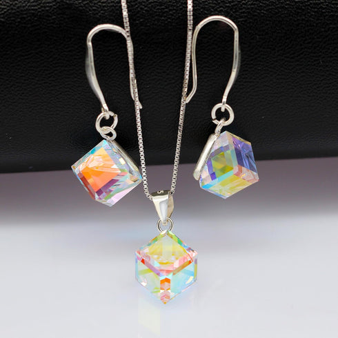 Uloveido Girl's Square Cube Authentic Austrian Crystal Hook Earrings and Rainbow Necklace Sets for Women - 925 Sterling Silver Wedding Engagement ...