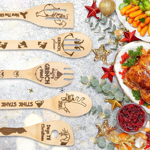 L1rabe Christmas Monster Bamboo Spoons - 5 Christmas Themed Funny Kitchen Utensils Decor for Cooking&Serving Set, Cooking Engraved Patterns are Su...