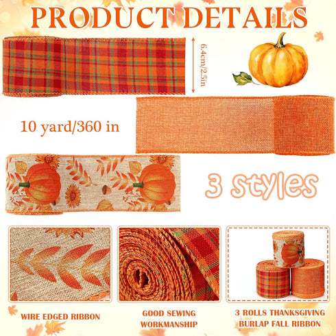 3 Rolls 30 Yards Fall Wired Ribbons Thanksgiving Pumpkin Buffalo Plaid Ribbon Autumn Harvest Ribbons for Wreaths Craft Bow Making Supplies Gifts W...