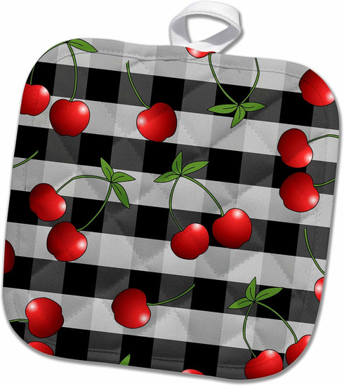 3D Rose Print Juicy Red Cherries On Black Check Pot Holder, 8" x 8"...