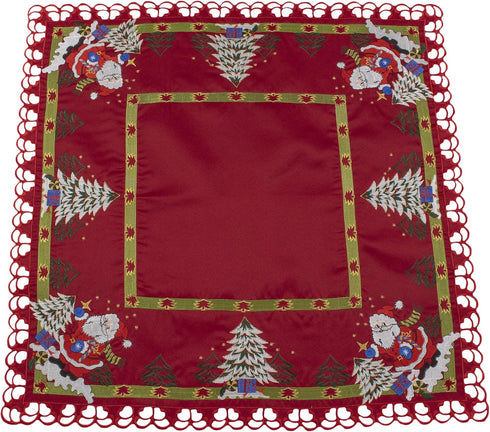 Embroidered Christmas Holiday Santa Claus and Christmas Trees Doily Table Topper Small Tablecloth on Red 33 Inches Square...
