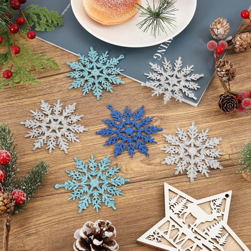 Whaline 45Pcs Winter Snowflake Hanging Ornament mas Glitter Blue Silver Pendant with String for Christmas Tree Winter Wonderland Holiday Party Dec...
