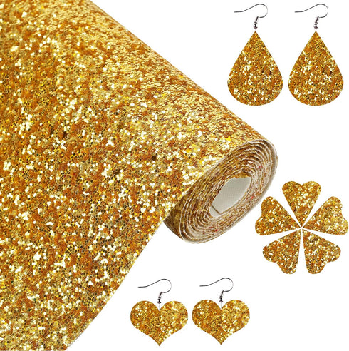 Gold Chunky Glitter Faux Leather Roll 12 x 52 inch Shiny Solid Color Fall Fabric for Princess Bows Crafts Earrings (16013#13)...