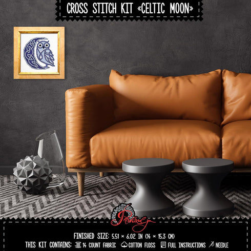 Povitrulya Counted cross stitch kit Celtic moon - DIY embroidery set with presorted floss, 14-count Aida fabric, paper pattern...
