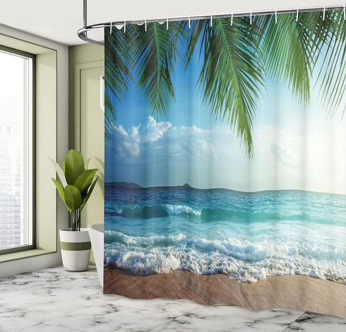 Ambesonne Ocean Shower Curtain, Palms Tropical Island Summer Beach Foamy Sea Water Maldives Idyllic Photography, Cloth Fabric Bathroom Decor Set w...