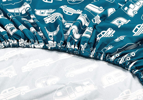 Camco Life is Better at The Campsite Queen-Size Bed Sheets | Set Includes (1) Fitted, (1) Flat Sheet and (2) Pillow Cases | Blue RV Print (53298)...