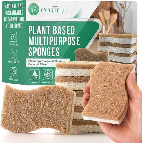 6 Pack Natural Kitchen Sponges, Compostable White Cellulose & Organic Coconut Scrubber Sponge for Washing Dishes, Kind Eco Friendly Non-Scratch & ...