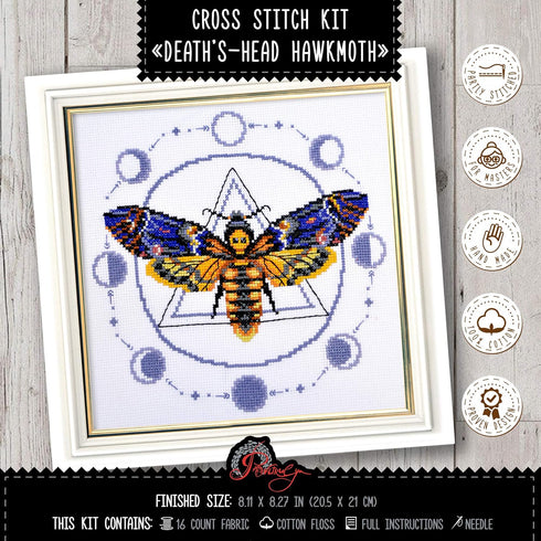 Povitrulya 'Death's-Head Hawkmoth' Embroidery Kit - Skull Moth Counted Cross Stitch Set for Adults with Pattern, Aida 14 Count Cloth and Pre-Sorte...