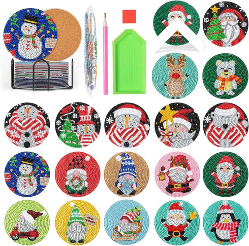 18 Pcs Christmas Diamond Painting Coasters Kits 4 Inch Coasters for Drinks with Cork Base Diamond Art Supplies Santa Claus Snowman Painting Kit fo...