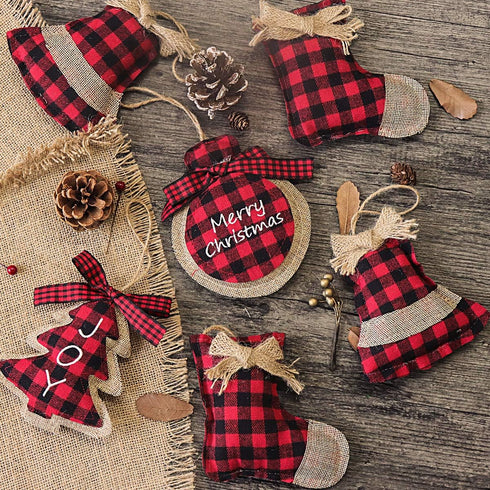 Ivenf Christmas Decorations Indoor Tree Ornaments, 8pcs Red Black Buffalo Plaid Burlap Farmhouse Xmas Ornaments, Tree Ball Bell Stocking Shaped Ru...