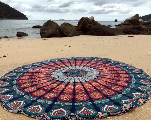 raajsee Round Beach Tapestry Blue Orange Mandala Throw/Boho Hippie Beach Blanket Roundie/Indian Cotton Bohemian Large Round Table Cloth/Yoga Mat M...
