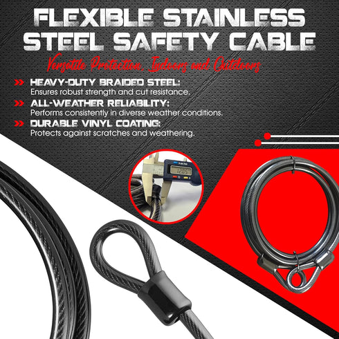 Anti-Theft Weatherproof Looped Security Cable Lock,Solid Stainless Steel with Loops for E-Bike, Bike, Scooter, Motorcycle, Ship, Door, Lawn Mower ...