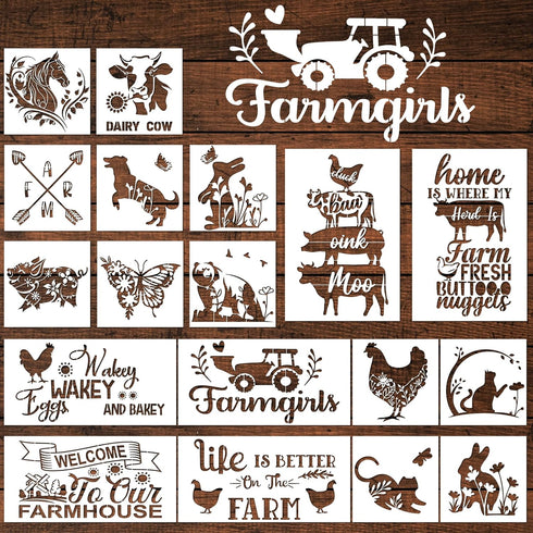 Farmhouse Animal Stencils, 18 Pack Reusable Welcome Farm Stencils for Painting on Wood Sign Decor, Pig Cow Chicken Stencils for Painting on Wood, ...