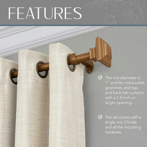 Elrene Home Fashions Florence Single Curtain Rod with Stacked Square Finials, 1" Diameter, (Soft Gold), (28X48)...