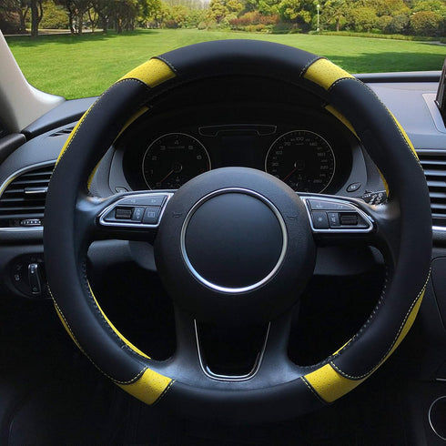 Leather Steering Wheel Cover, Breathable, Anti Slip & Odor Free, Black and Yellow...