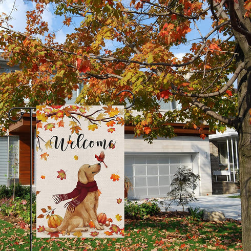 Welcome Fall Garden Flag 12 x 18 Inch Double Sided Burlap, Golden Retriever Dog Cardinal Yard Flags for Seasonal Thanksgiving Farmhouse Decoration...