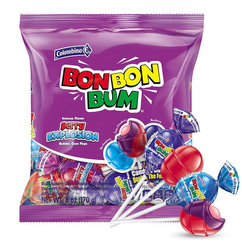 Colombina Bon Bon Bum Lollipops w/Bubble Gum Center, Berry Explosion Mix, Individually Wrapped, Ideal for Party Favors and Gifts, 1 Pack (10 Count...