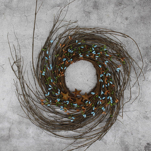 CVHOMEDECO. Primitives Rustic Pip Berries and Twig with Rusty Barn Stars Wreath, 10-Inch, Country Mix...