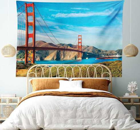 Ambesonne Landscape Tapestry, Golden Gate San Francisco Sunny Summer Day Ocean Stones Touristic, Wide Wall Hanging for Bedroom Living Room Dorm, 6...