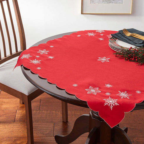 Violet Linen Embroidered Red Christmas Table Topper, 36" Square, Snowflakes...