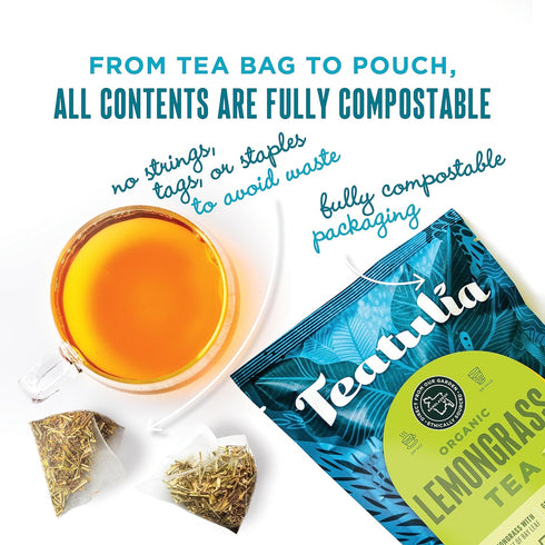 Teatulia Organic Lemongrass Tea + Bay Leaf Tea Bags (50 Pyramid Sachet Teabags) Raw Whole Leaf 100% Compostable And Sustainably Grown In Banglades...