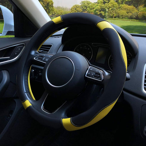 Leather Steering Wheel Cover, Breathable, Anti Slip & Odor Free, Black and Yellow...
