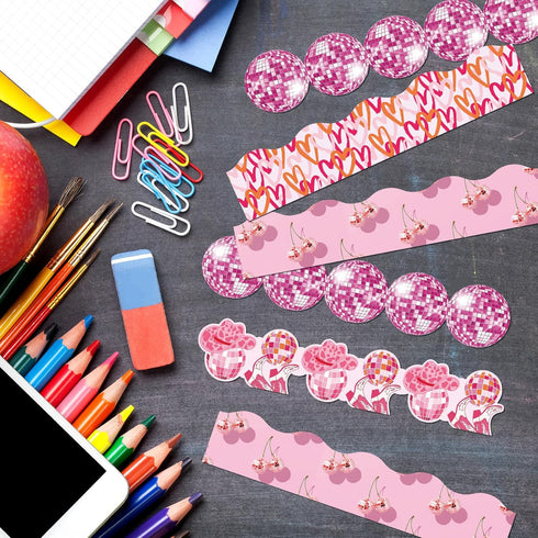 80 Pcs 91.8 ft Pink Disco Classroom Bulletin Board Borders Cowboy Disco Bulletin Board Trim Self Adhesive Scalloped Borders Decorations Stickers f...