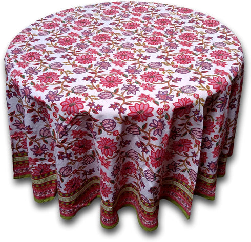Floral Tablecloth for Round Tables Pink Red Green White Cotton Floral Kitchen Table Linen Round 90 inches...
