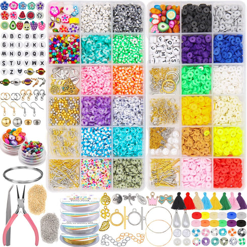 LET'S BEADING Flat Round Clay Beads Kit with Pearl Beads Letter Beads Enamel Charms Fruit Beads Tassels Copper Wires Jewelry Findings for Bracelet...