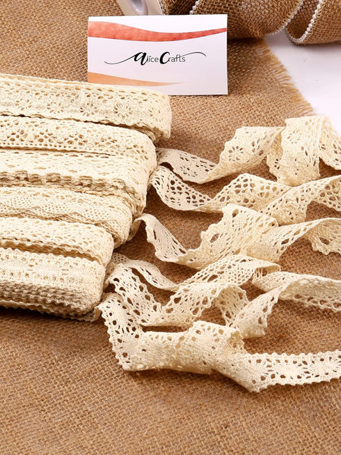 0.78 inches by 30 yards Beige Cotton Ribbon Lace Trim for Sewing and Gift Wrapping 6 Rolls by Alice Crafts | 6 Rolls x 5 yards each, Set of 6 Asso...