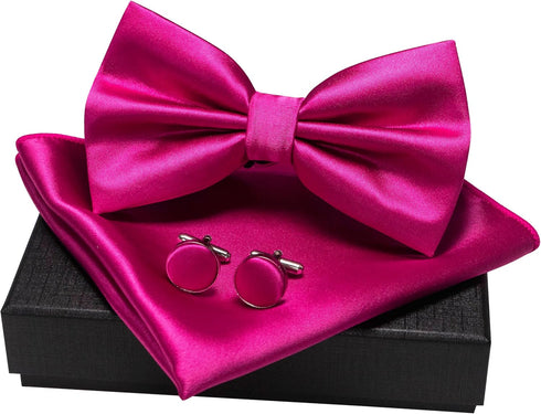Solid Color mens Pre-tied Bow Tie and Pocket Square Cufflinks Sets with Gift Box...