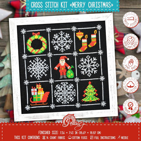 Counted Cross Stitch Kit 'Merry Christmas' - Easy-to-do Embroidery Sampler Set for the Christmas and New Year Holidays, Encouragement, with a Chri...